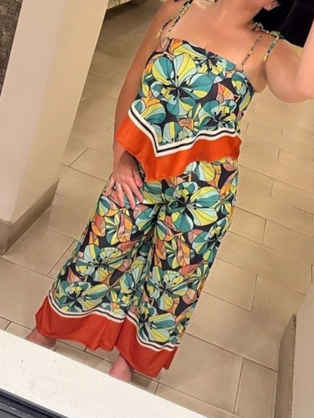 Zara Floral Midi Dress in Green & Orange Like New
